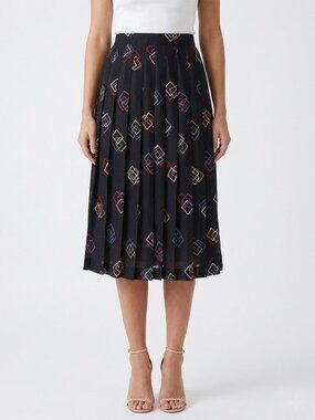 Vintage Midi Pleated Skirt Boho Retro Geo Pattern Summer Black Geek Secretary